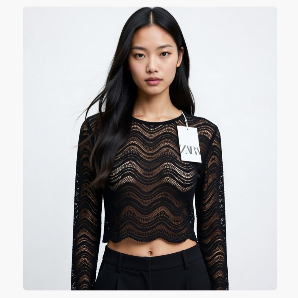 NWT ZARA Lace Semi Sheer Top Blouse Crop Black Large